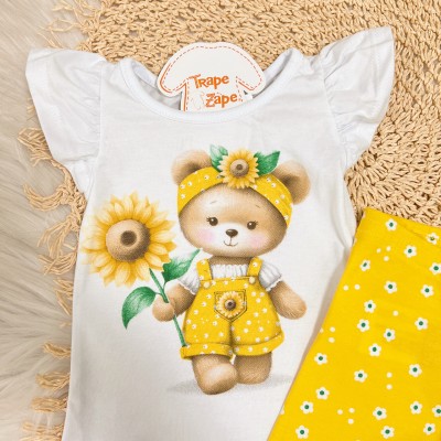 Conj. Blusa Ursinha Girassol e Calça Legging Florzinhas - Branco e Amarelo